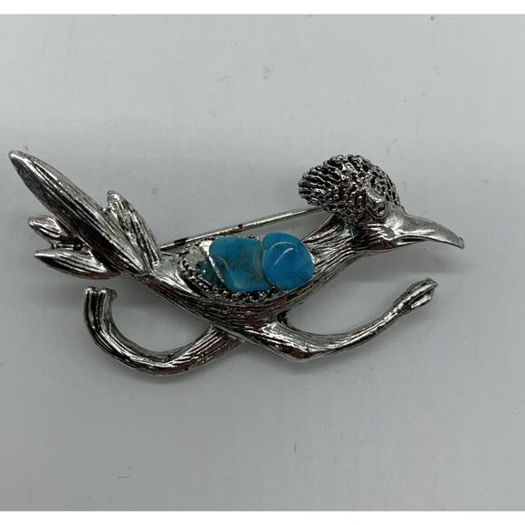 Vintage Roadrunner Silver Tone Faux Turquoise Stone Brooch Pin - Picture 2 of 4